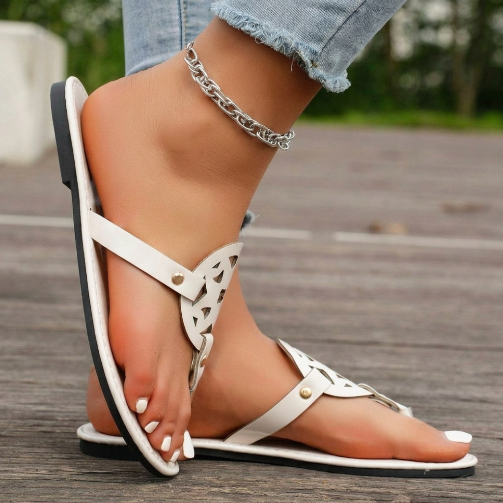 Casual Glossy Slip On Flat Flip Flop Sandals With Cutout Circle Accent For Women