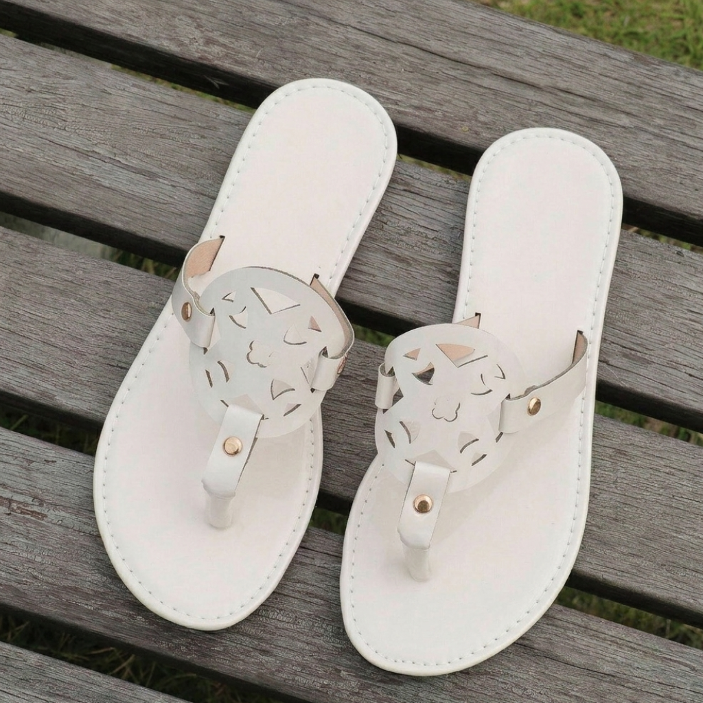 Casual Glossy Slip On Flat Flip Flop Sandals With Cutout Circle Accent For Women