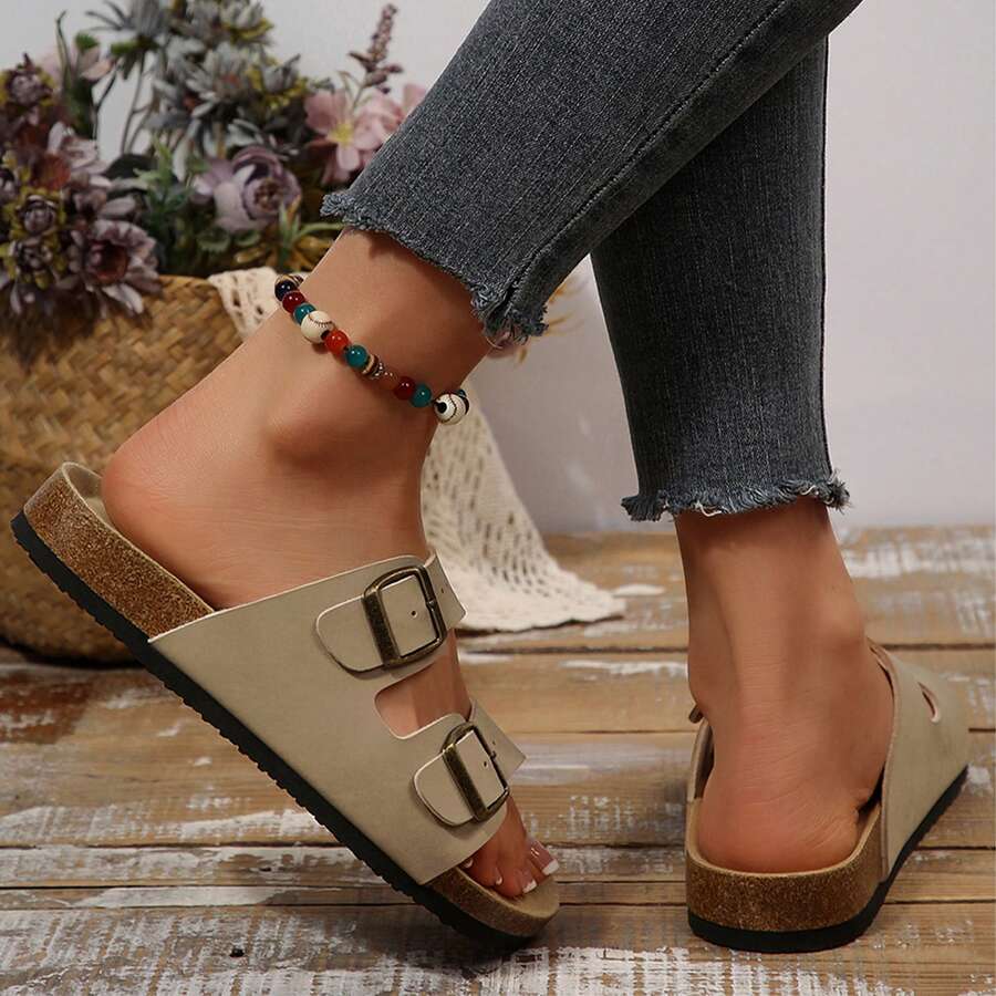 Adjustable Double Buckle Flat Sandals For Women