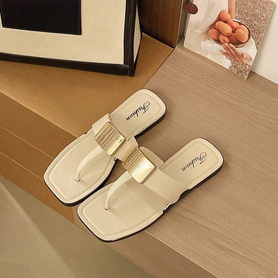 Casual Flat Metal Square Buckle Flip Flops For Women