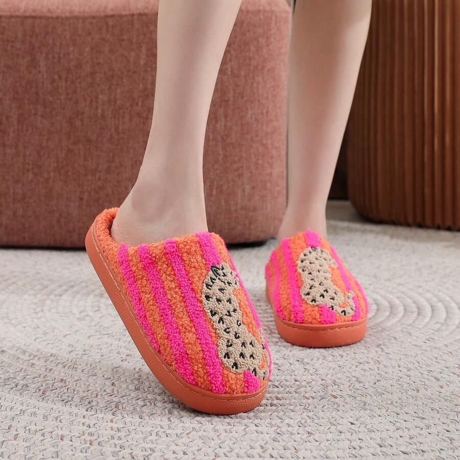 Retro Striped Embroidered Contrast Lined Indoor Slippers