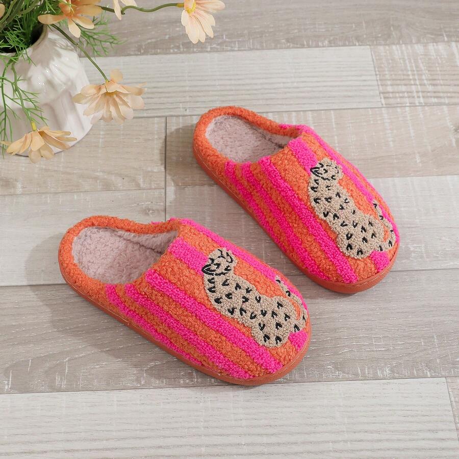 Retro Striped Embroidered Contrast Lined Indoor Slippers