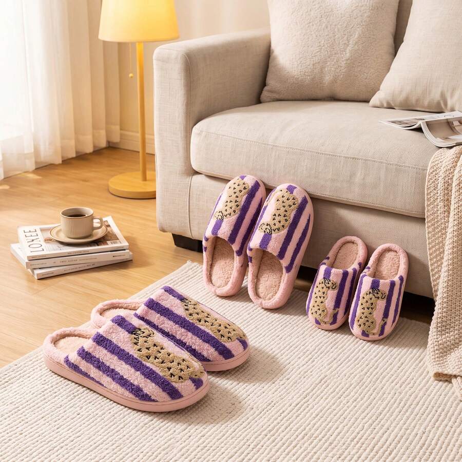 Retro Striped Embroidered Contrast Lined Indoor Slippers