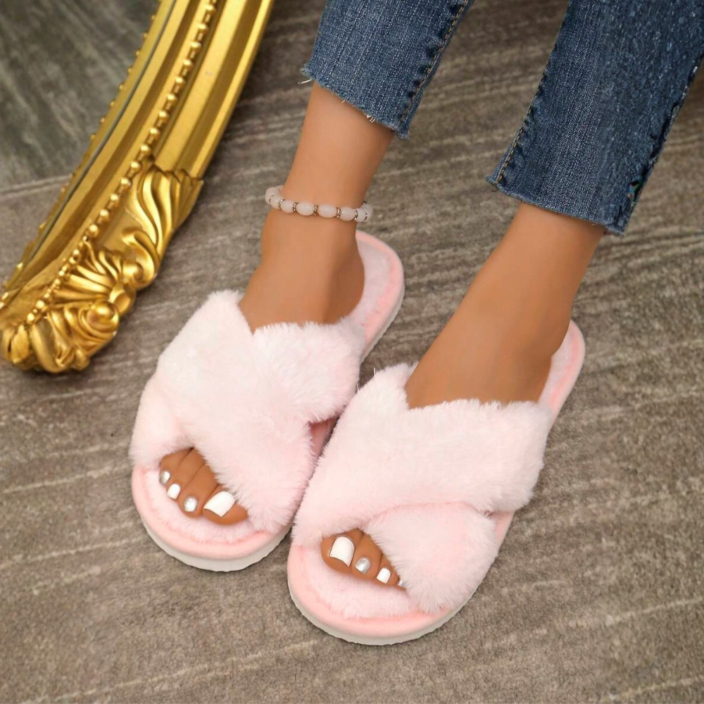 Criss Cross Strap Fluffy Indoor Cozy Slippers