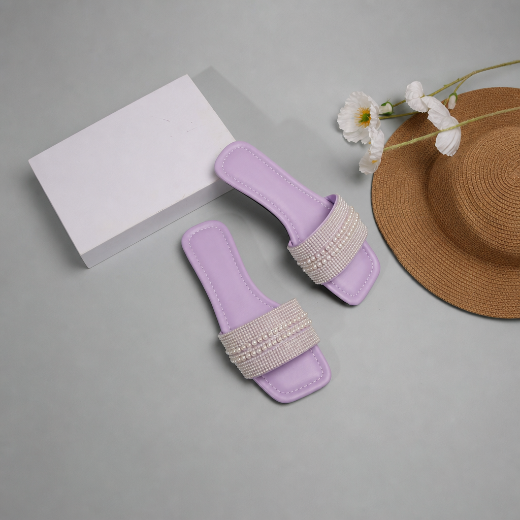 Pearl And Rhinestone Embellished Square Toe Slide Sandals for Women