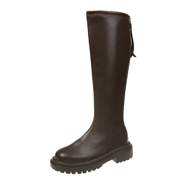 Leather Round Toe Long Boots-Soco Sands