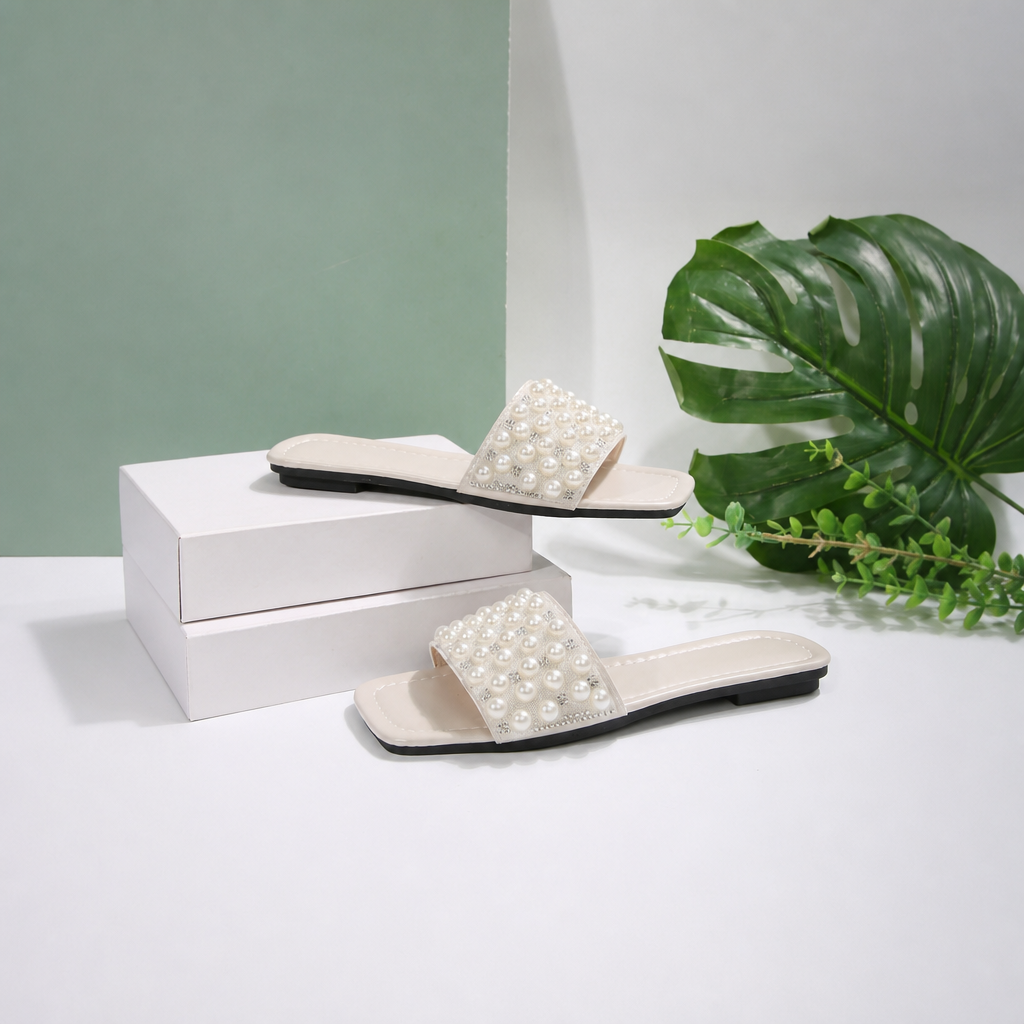 Pearl And Rhinestone Embellished Square Toe Slide Sandals for Women