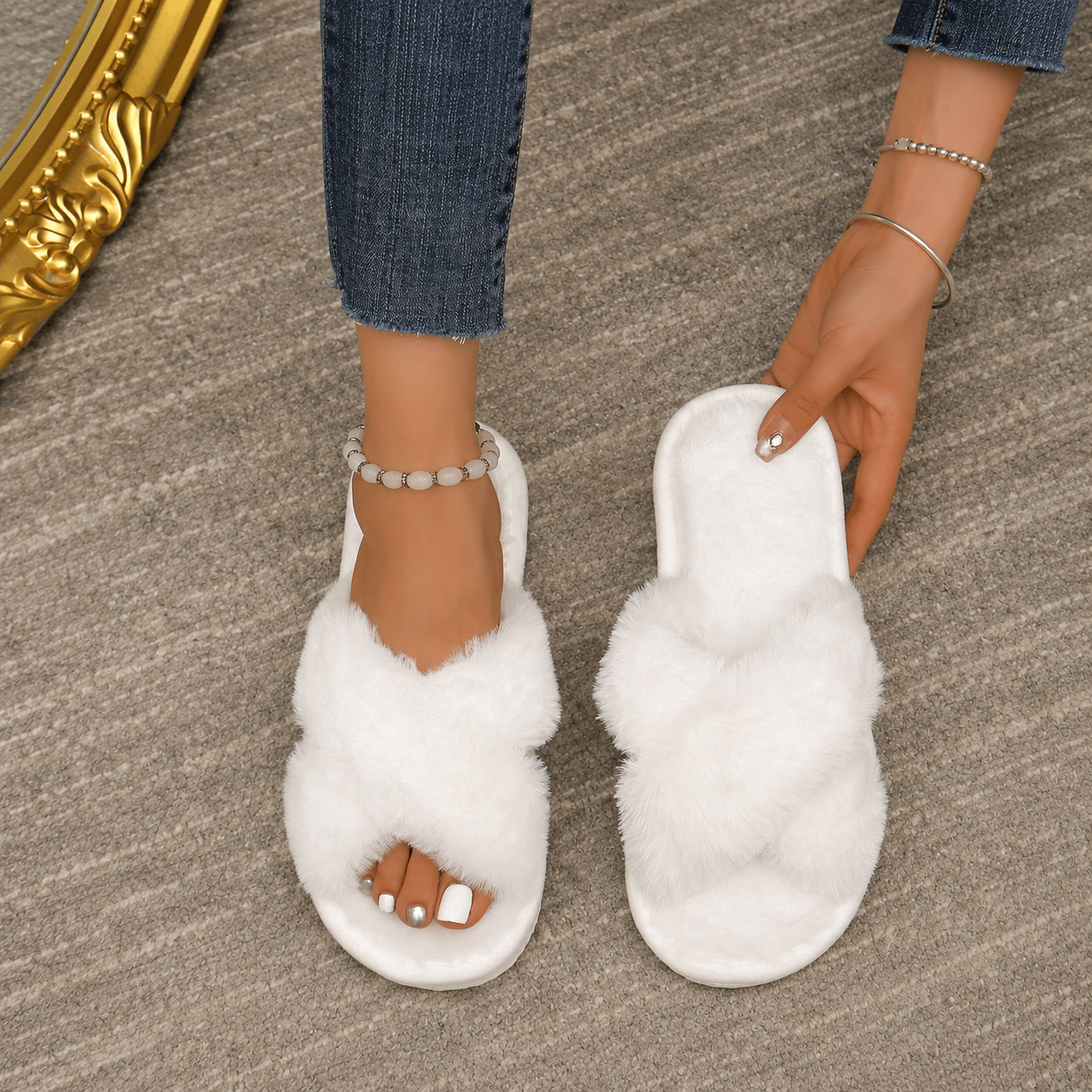 Fluffy Cross Strap Open Toe Indoor Outdoor House Slippers For Women