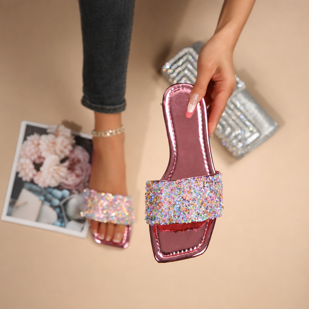 Metallic Mirror Square Toe Slides Vacation For Women