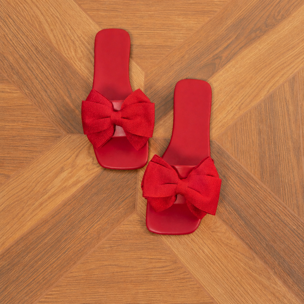 Bow Knot Square Toe Flat Slide Sandals for Women