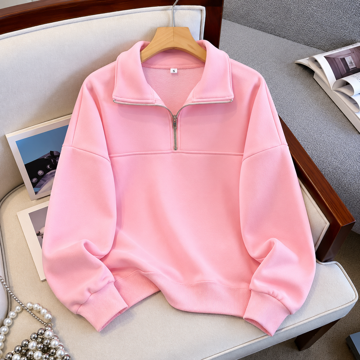 Camo Print Half Zip Collared Hoodie Casual Loose Pullover for Women