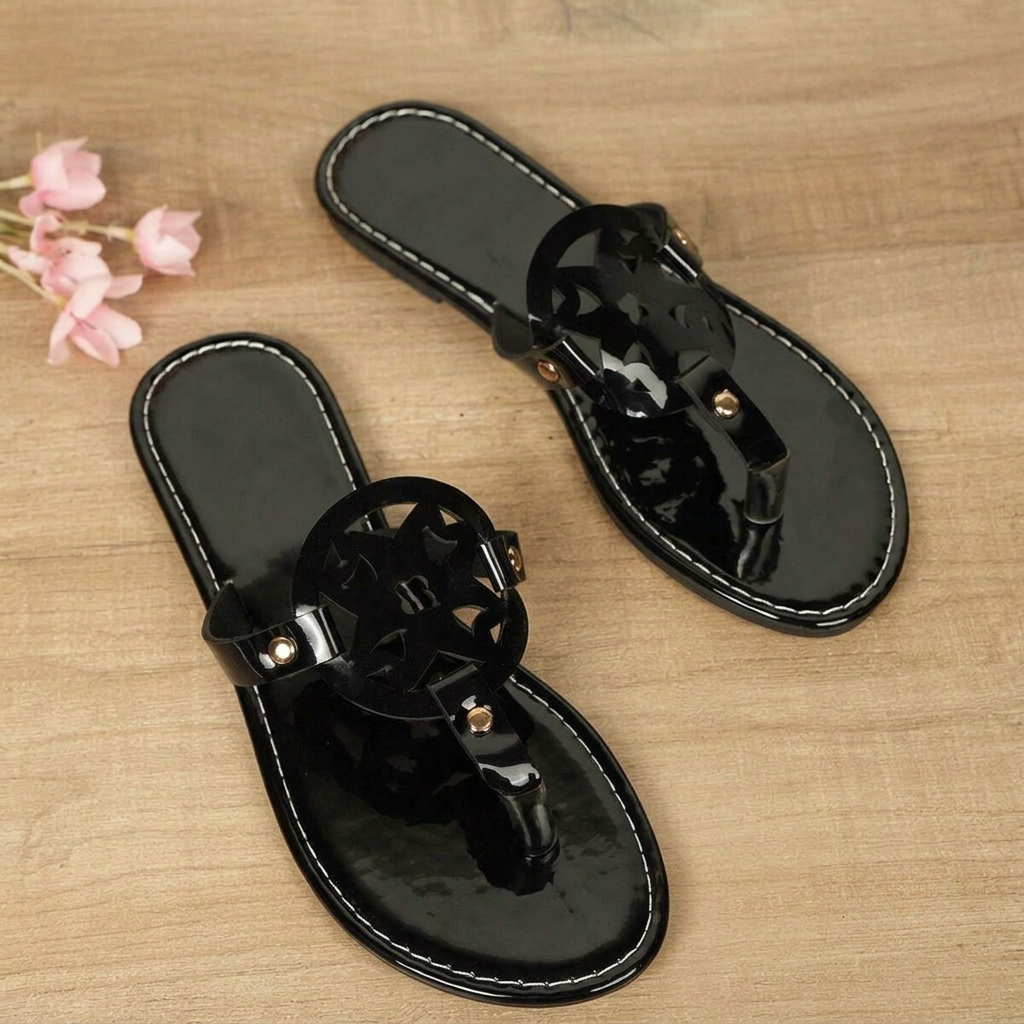 Casual Glossy Slip On Flat Flip Flop Sandals With Cutout Circle Accent For Women