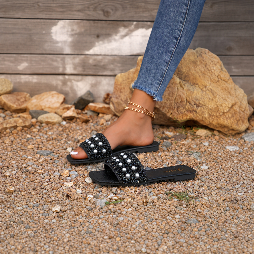 Pearl And Rhinestone Embellished Square Toe Slide Sandals for Women