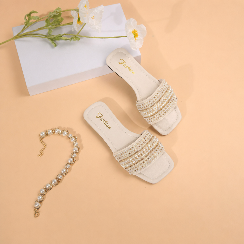 Pearl And Rhinestone Embellished Square Toe Slide Sandals for Women