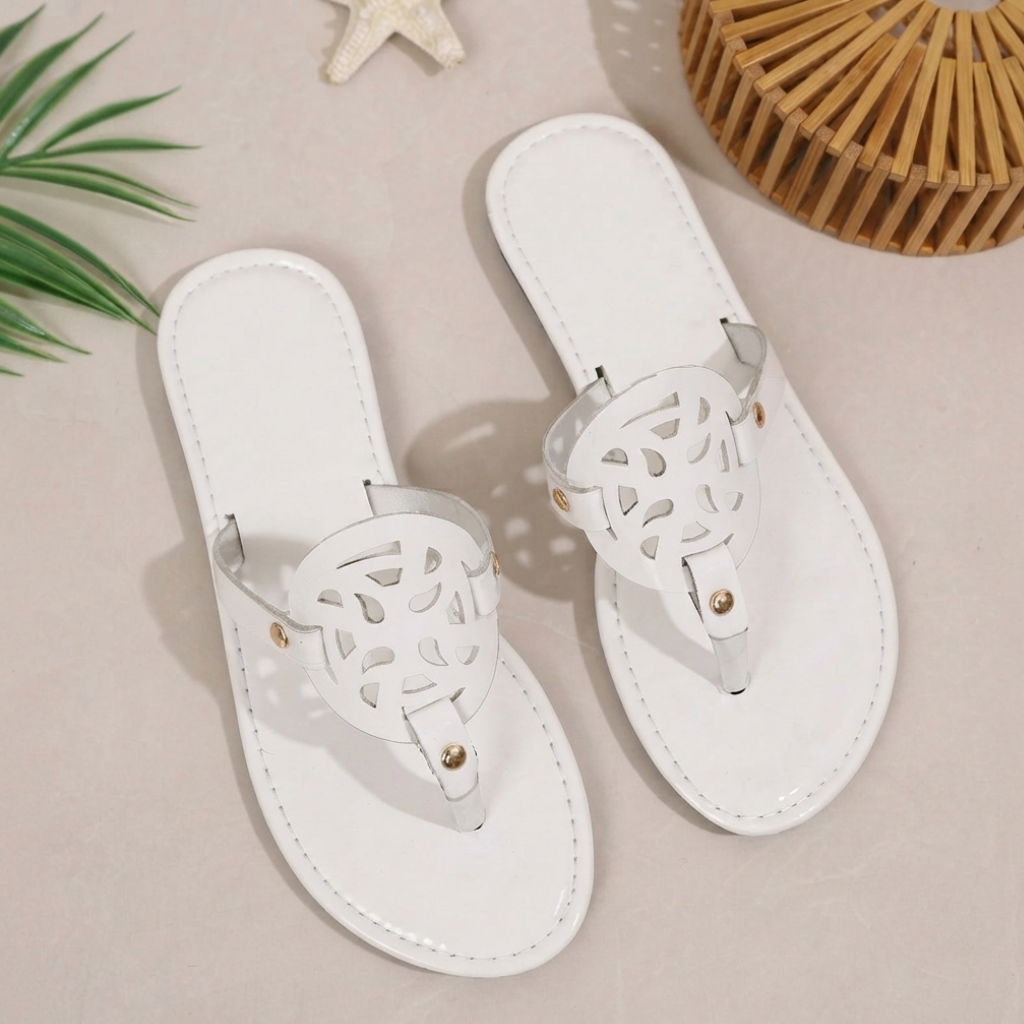Casual Glossy Slip On Flat Flip Flop Sandals With Cutout Circle Accent For Women