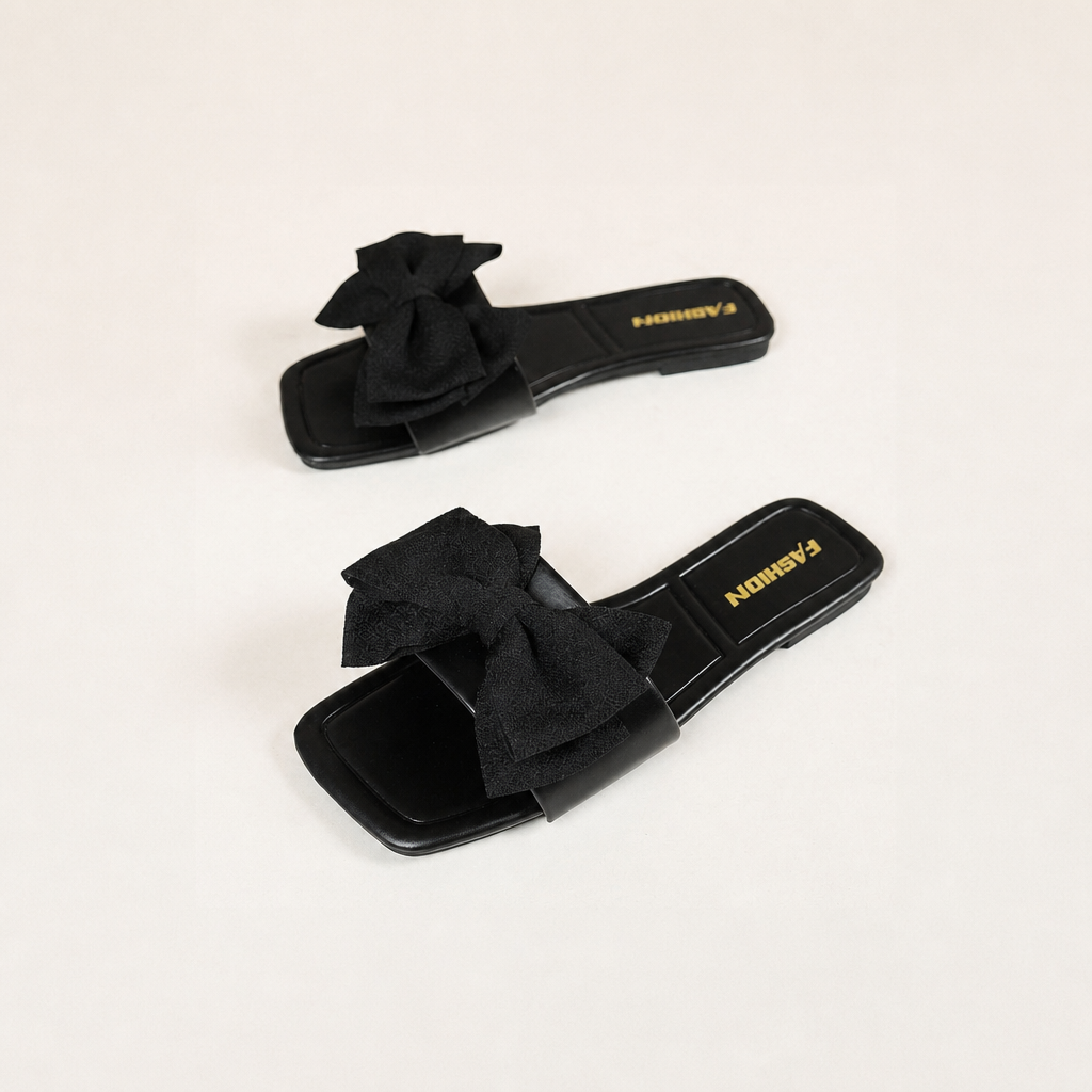 Bow Knot Square Toe Flat Slide Sandals for Women