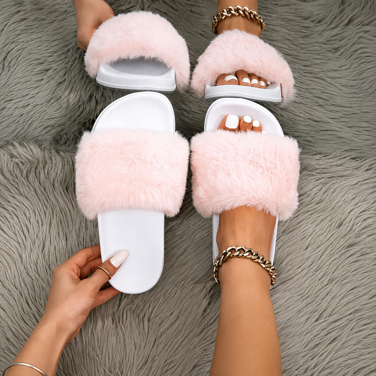 Faux Fur Platform Slide Slippers For Indoor Wear