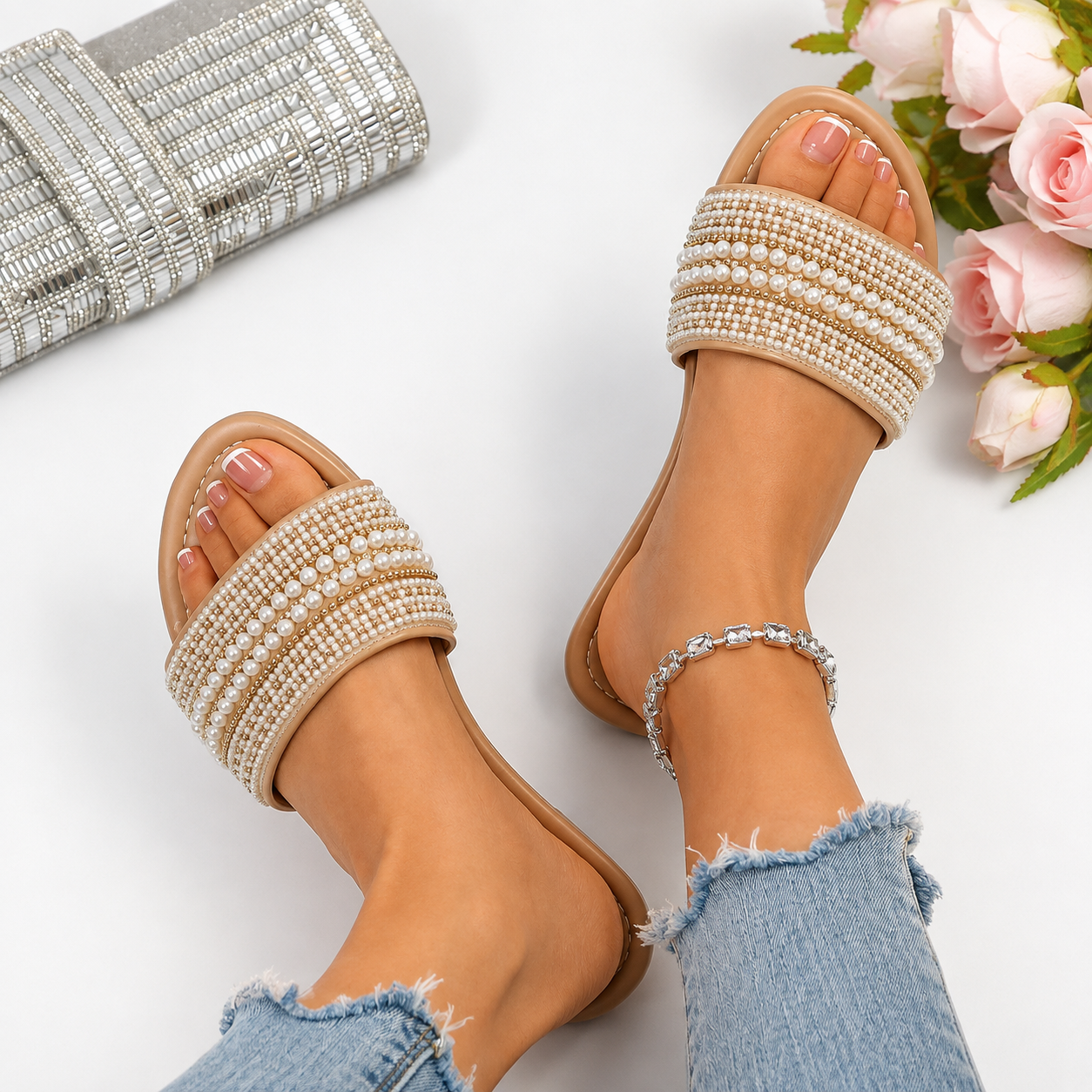 Casual Pearl Rhinestone Flat Sandals For Summer For Women