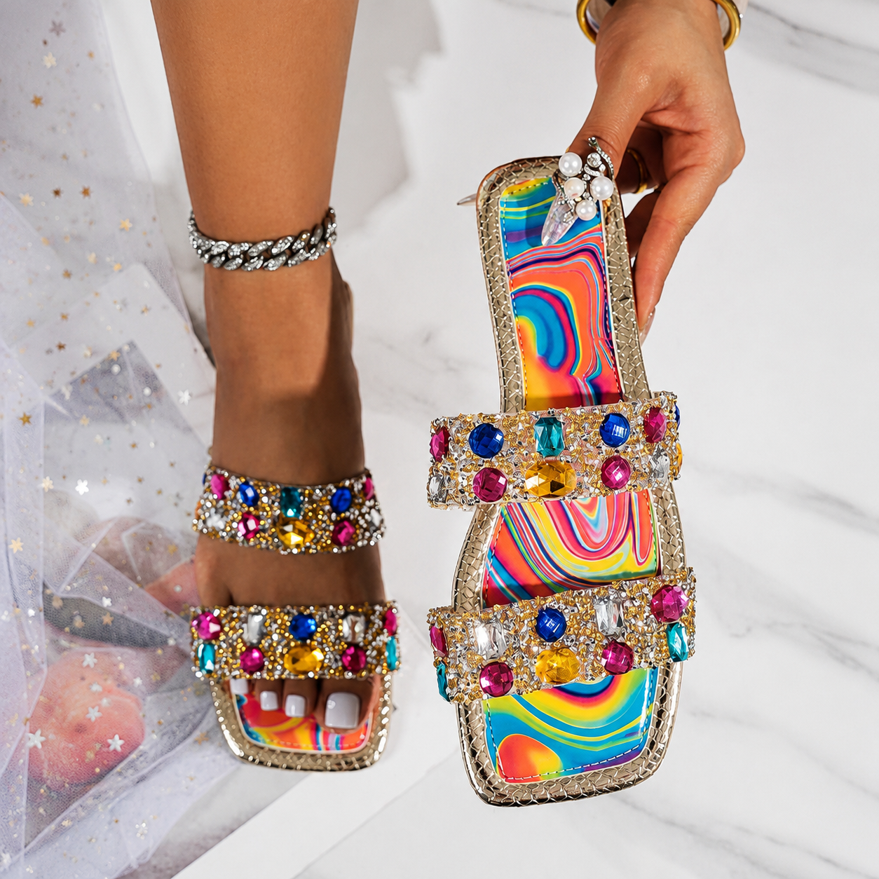 Crystal Embellished Casual Flat Sandals For Women