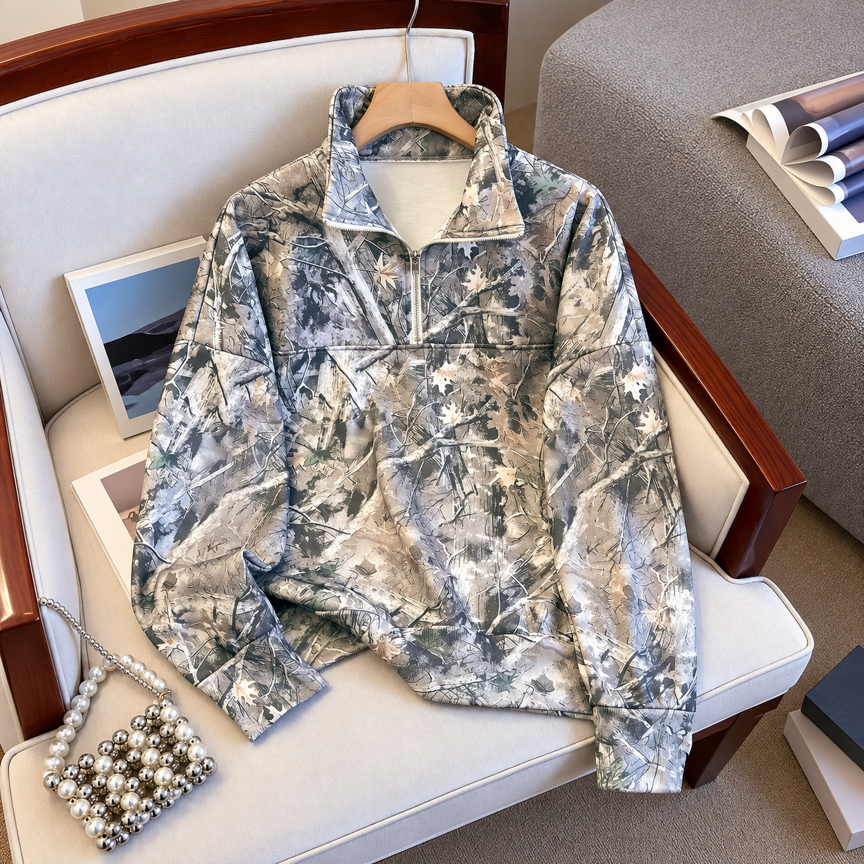 Camo Print Half Zip Collared Hoodie Casual Loose Pullover for Women