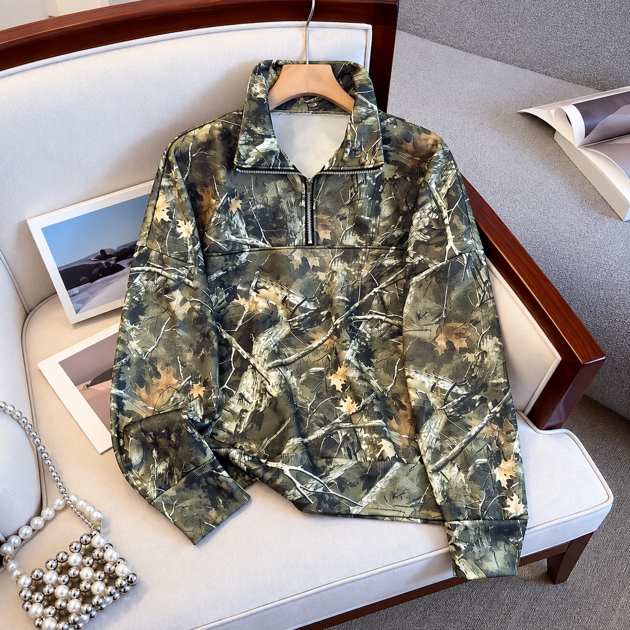 Camo Print Half Zip Collared Hoodie Casual Loose Pullover for Women