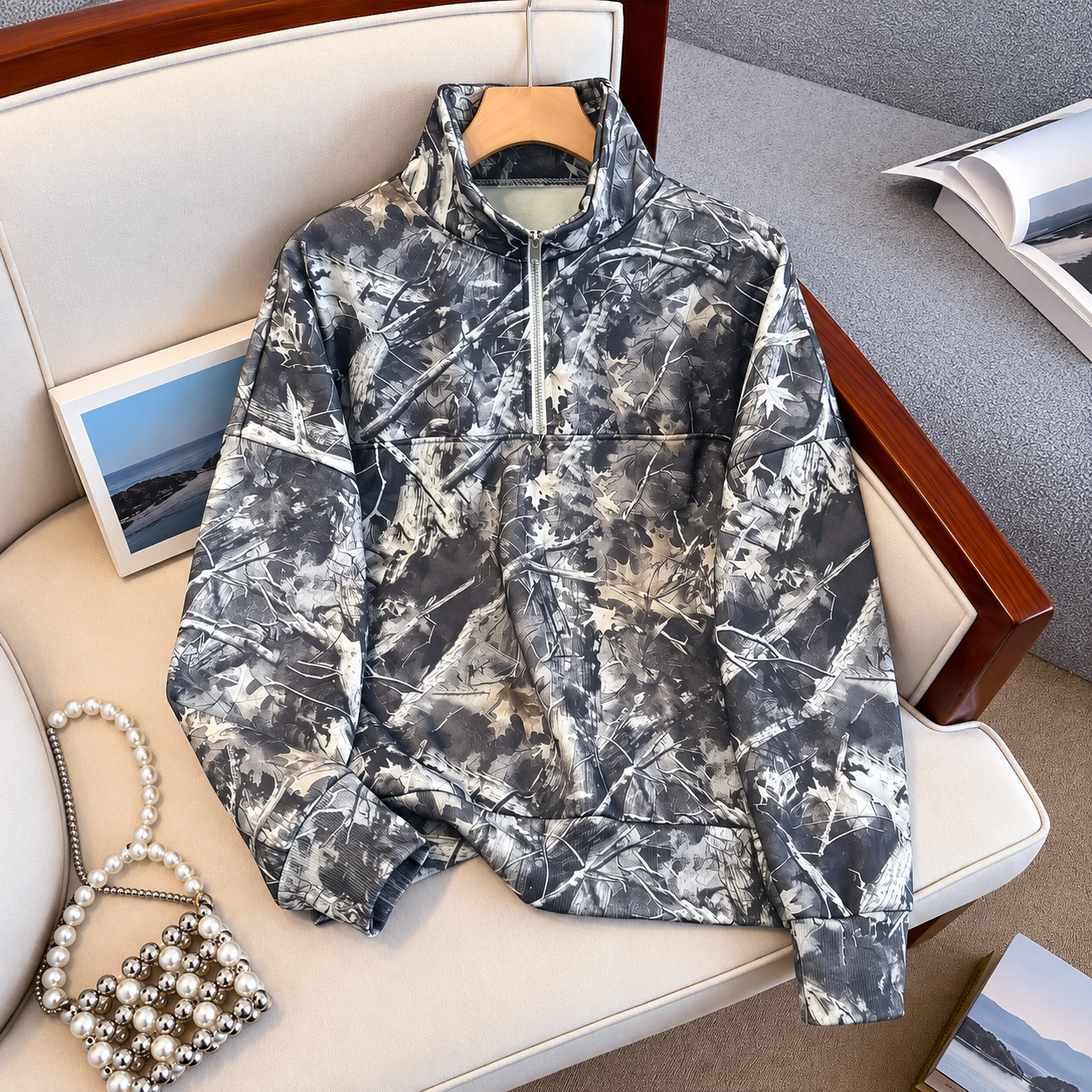 Camo Print Half Zip Collared Hoodie Casual Loose Pullover for Women