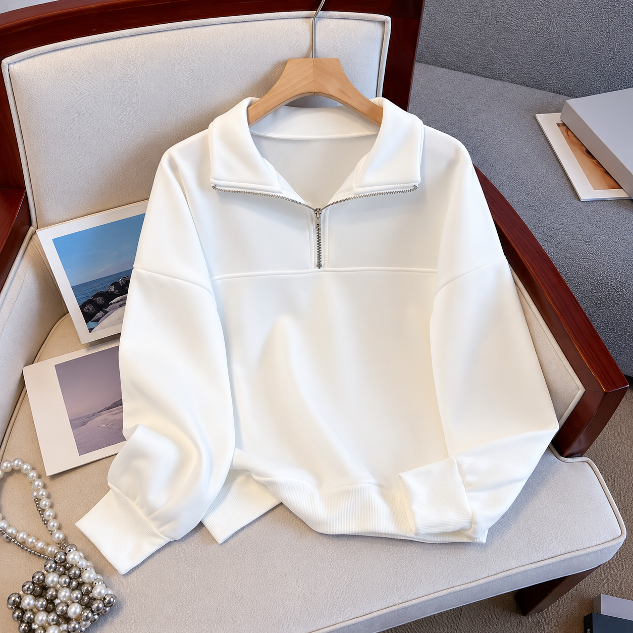 Camo Print Half Zip Collared Hoodie Casual Loose Pullover for Women