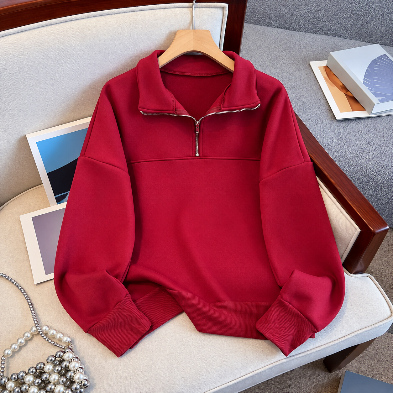Camo Print Half Zip Collared Hoodie Casual Loose Pullover for Women