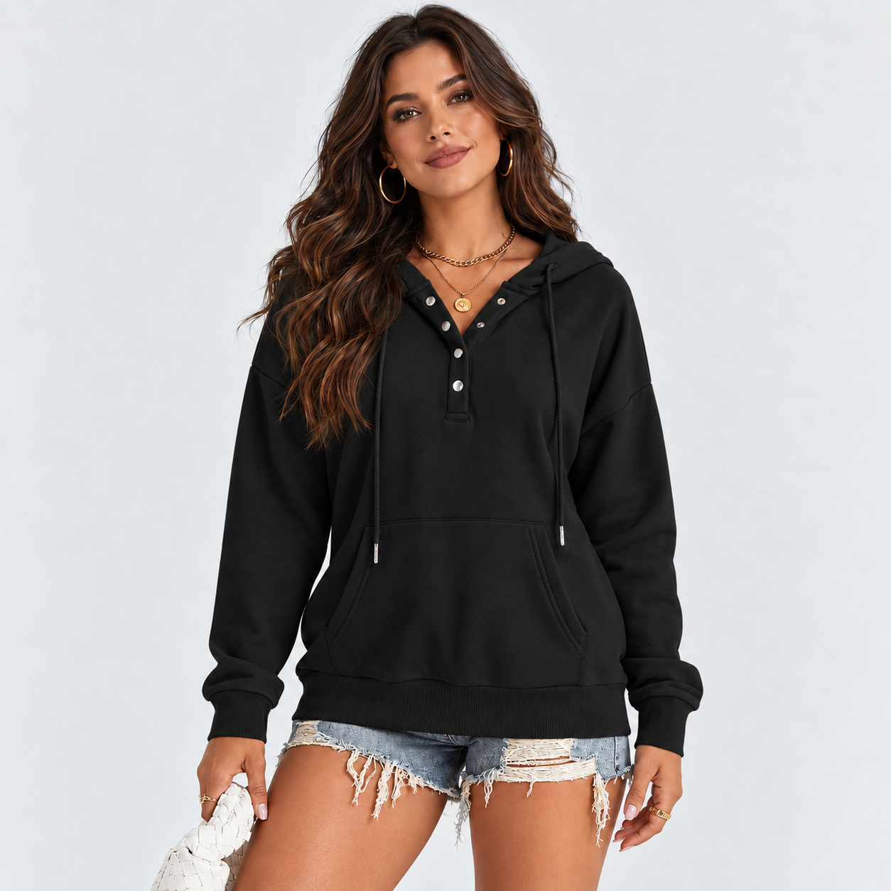 Casual Button Collar Hoodie For Women