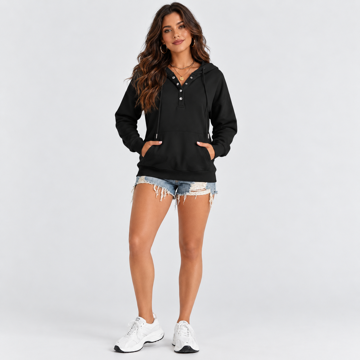 Casual Button Collar Hoodie For Women