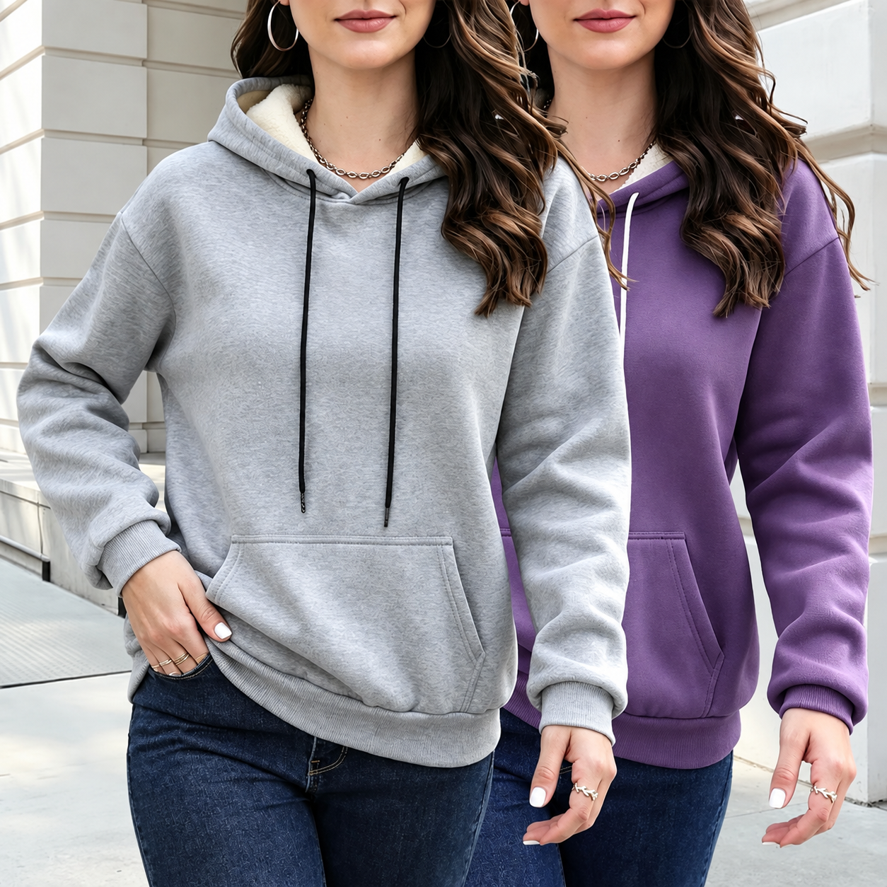 Pack of 2 Drawstring Pullover Hoodie with Kangaroo Pocket for Women