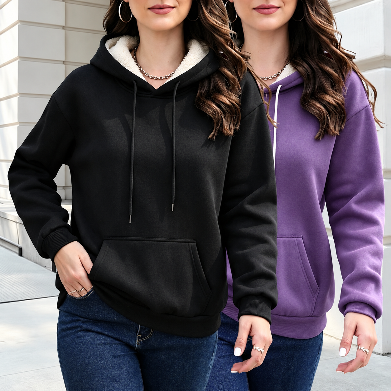 Pack of 2 Drawstring Pullover Hoodie with Kangaroo Pocket for Women