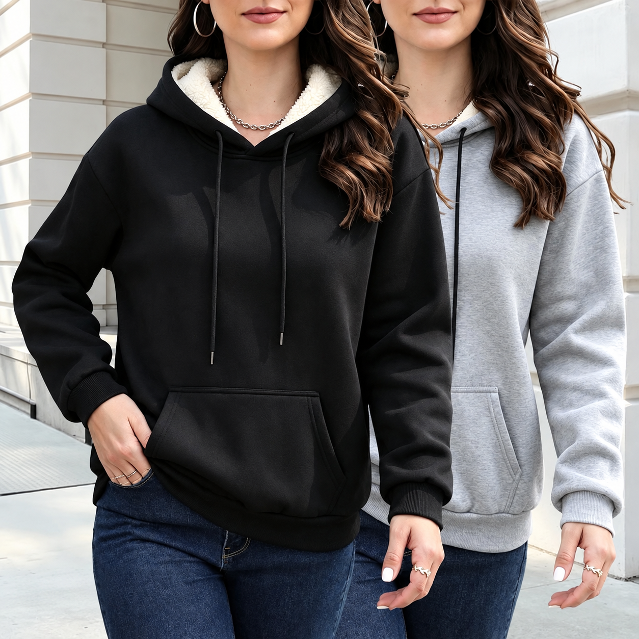 Pack of 2 Drawstring Pullover Hoodie with Kangaroo Pocket for Women
