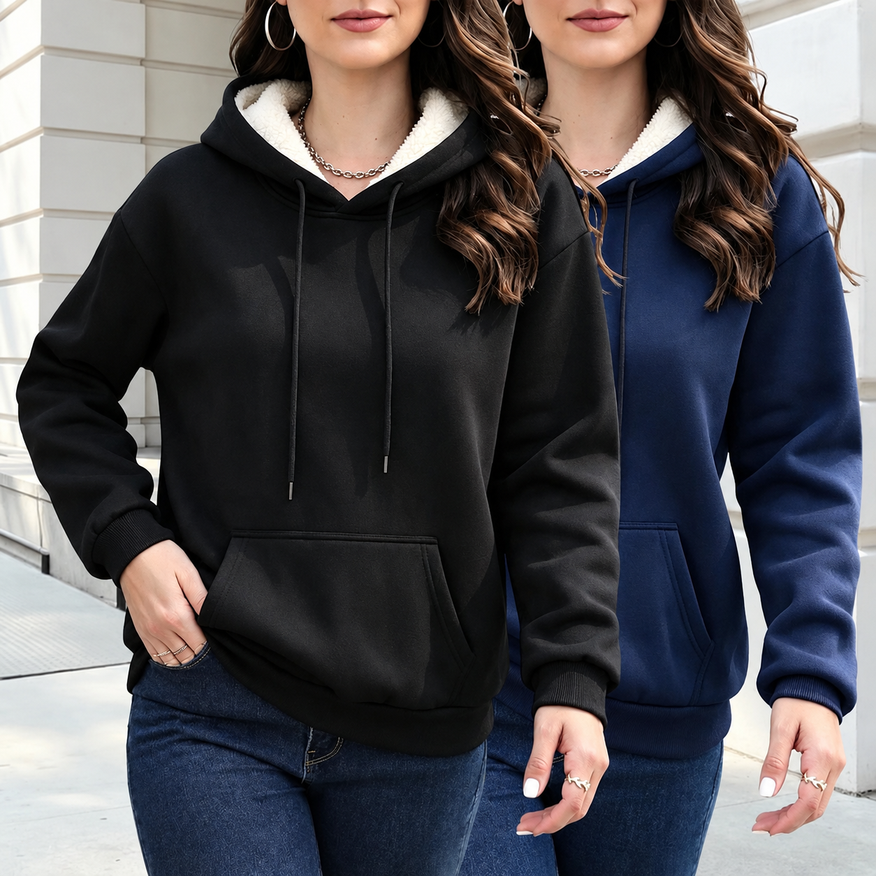 Pack of 2 Drawstring Pullover Hoodie with Kangaroo Pocket for Women