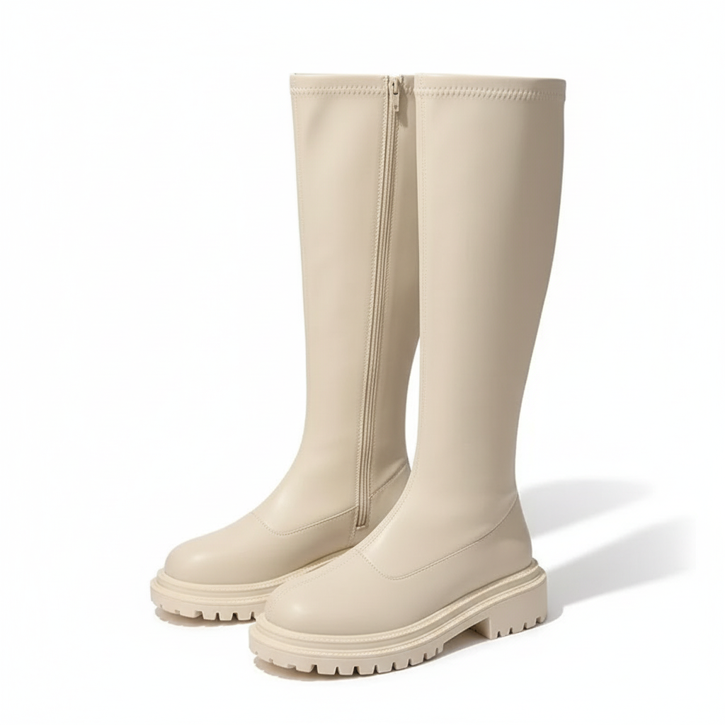 Leather Round Toe Long Boots