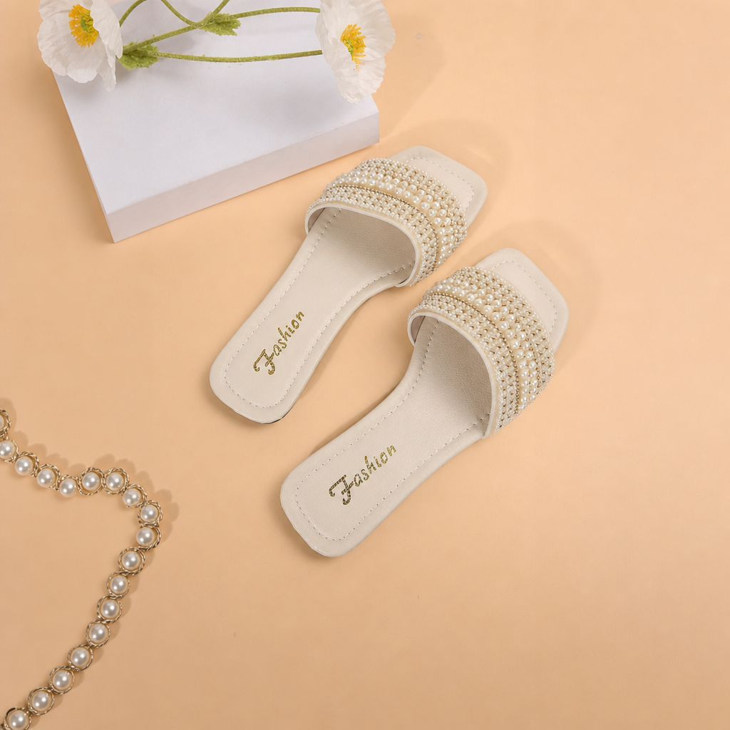Pearl And Rhinestone Embellished Square Toe Slide Sandals for Women