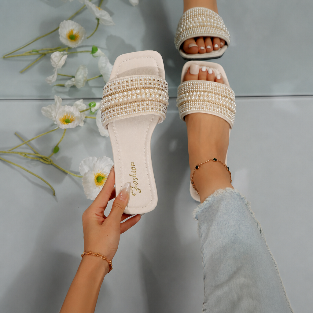Pearl And Rhinestone Embellished Square Toe Slide Sandals for Women