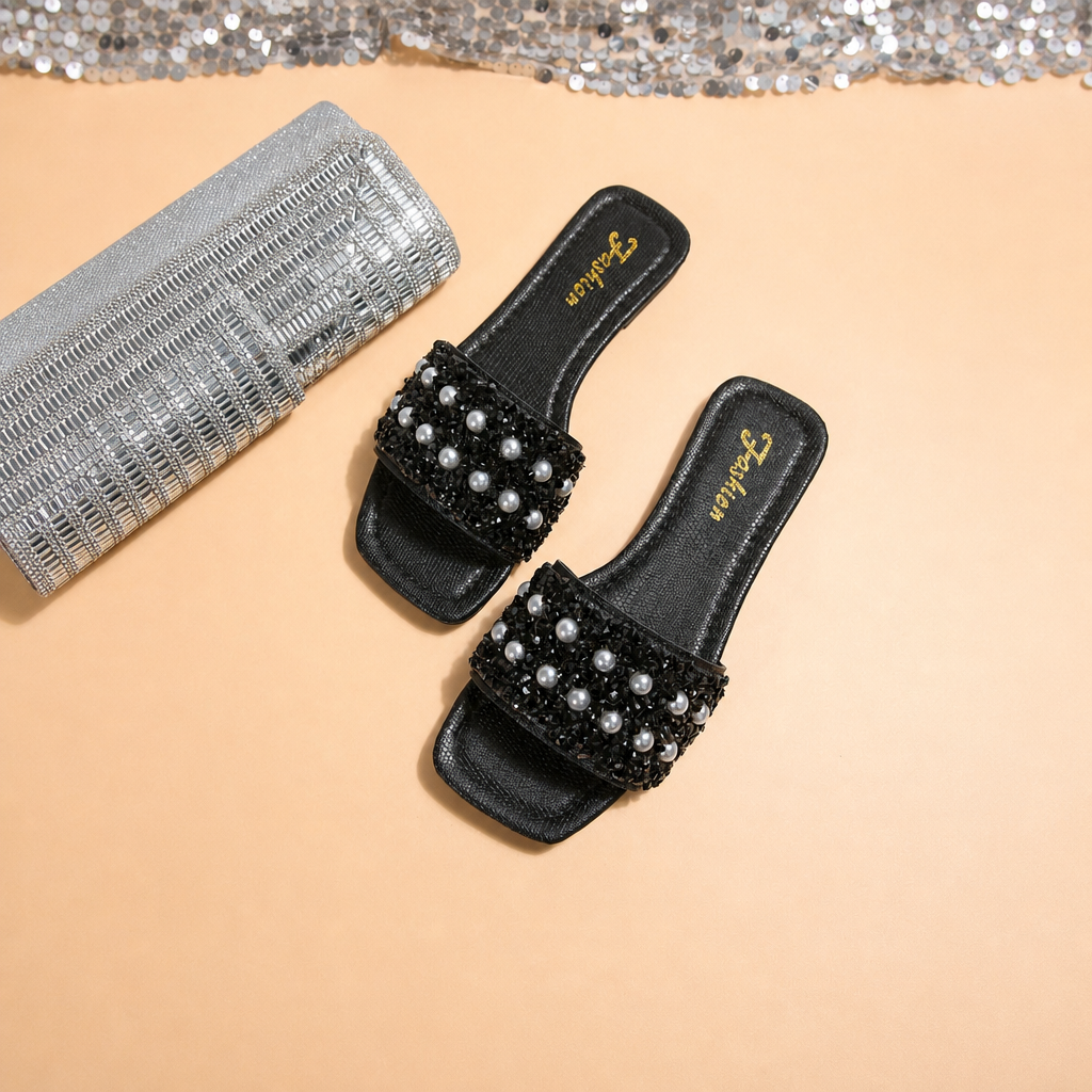 Pearl And Rhinestone Embellished Square Toe Slide Sandals for Women