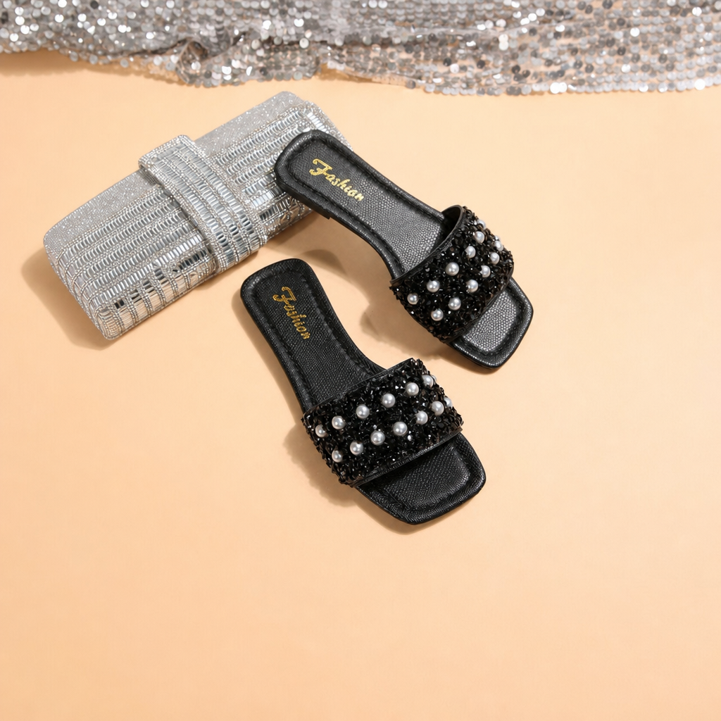 Pearl And Rhinestone Embellished Square Toe Slide Sandals for Women