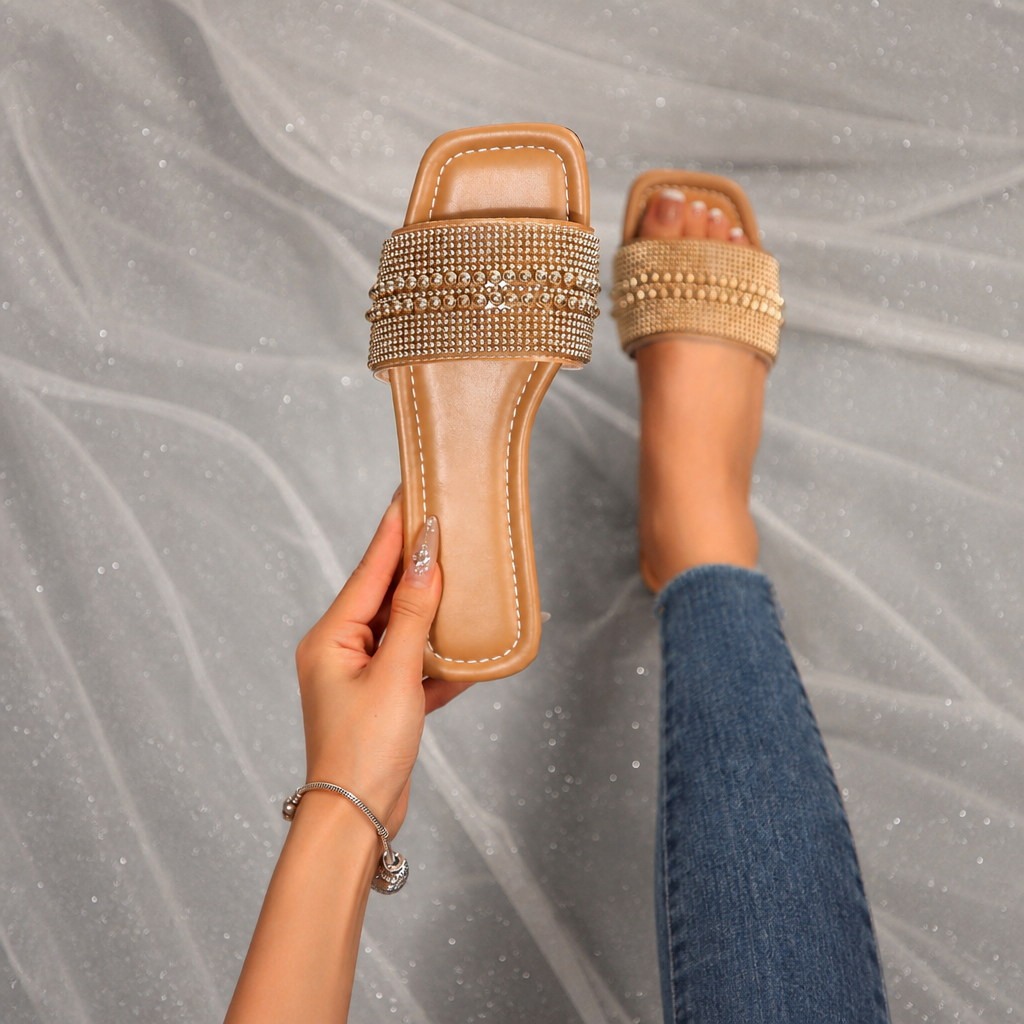 Pearl And Rhinestone Embellished Square Toe Slide Sandals for Women