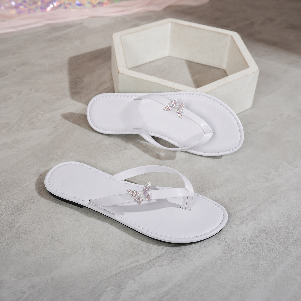 Summer Rhinestone Butterfly Flip Flop Flat Sandals For Women
