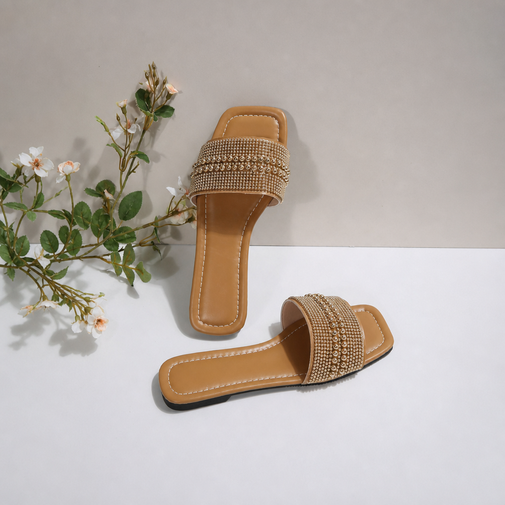 Pearl And Rhinestone Embellished Square Toe Slide Sandals for Women