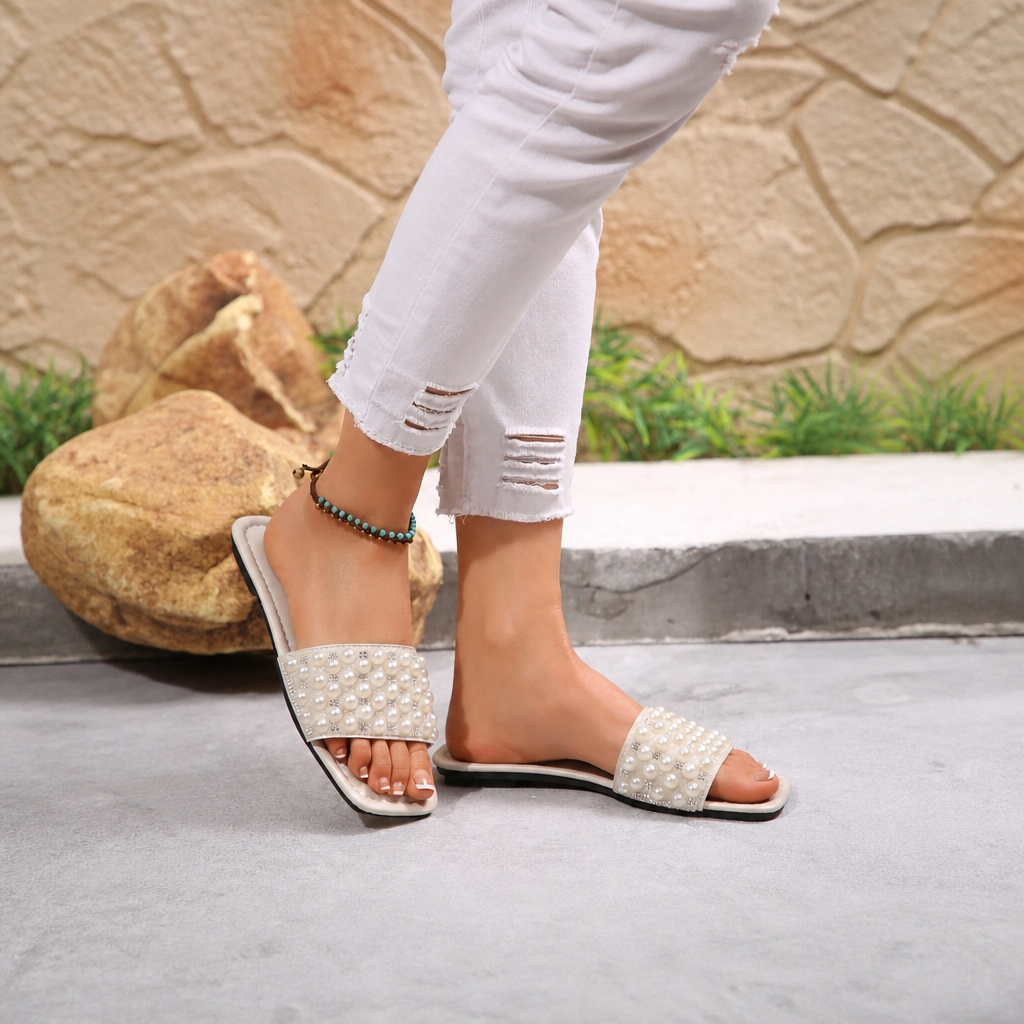Pearl And Rhinestone Embellished Square Toe Slide Sandals for Women