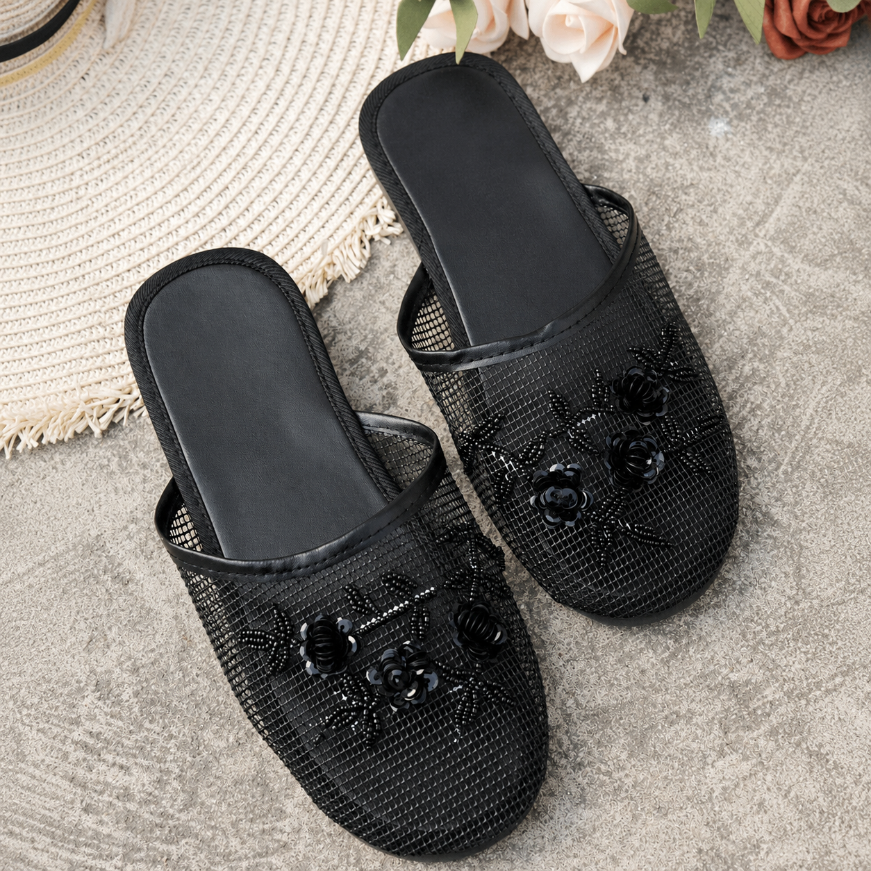 Floral Beaded Mesh Mule Sandals With Flat Slip On Design For Women