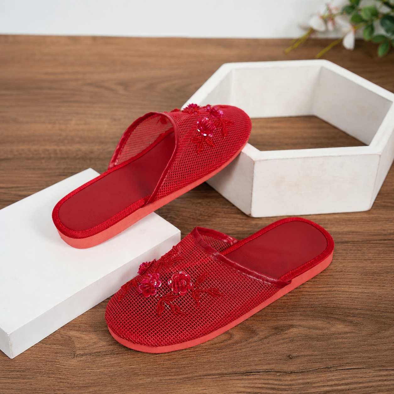 Floral Beaded Mesh Mule Sandals With Flat Slip On Design For Women