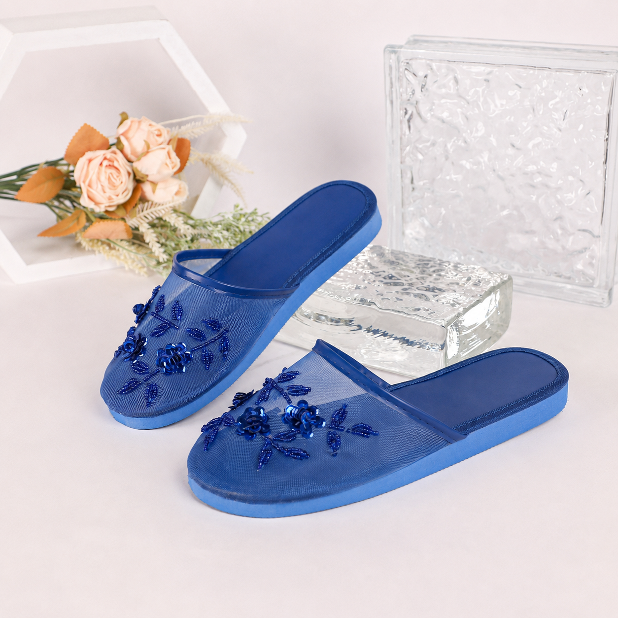 Floral Beaded Mesh Mule Sandals With Flat Slip On Design For Women