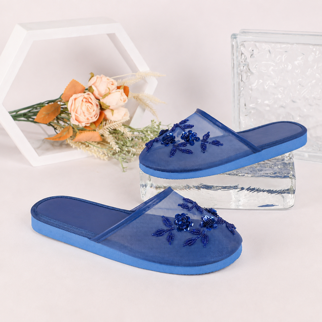Floral Beaded Mesh Mule Sandals With Flat Slip On Design For Women