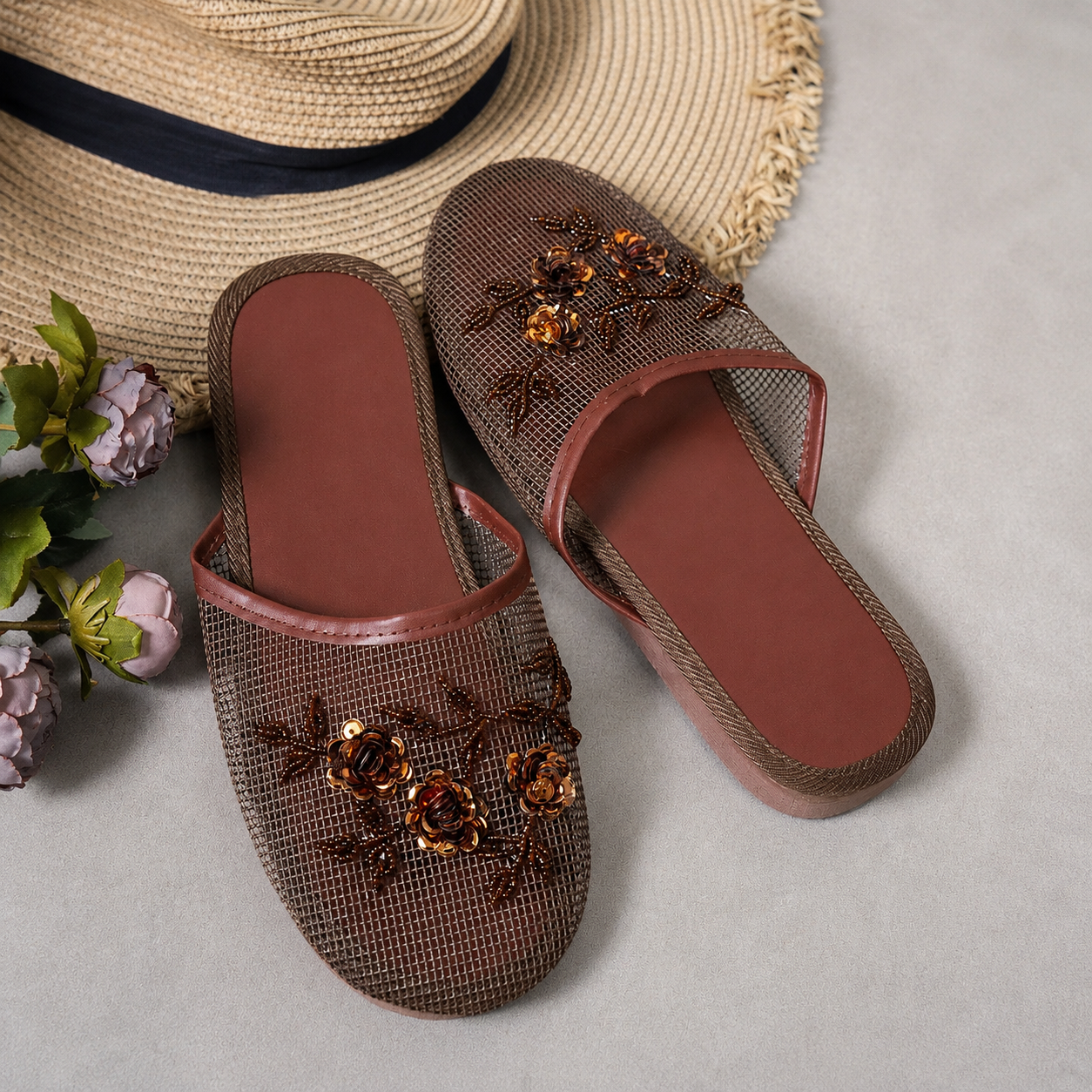 Floral Beaded Mesh Mule Sandals With Flat Slip On Design For Women