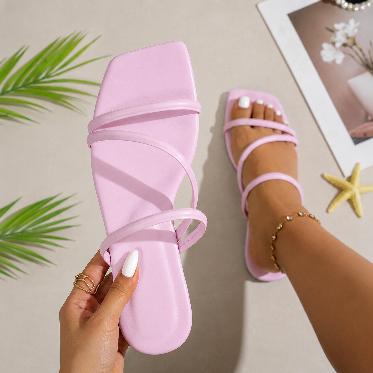Elegant Bow Square Flat Slip On Sandals For Women Summer Wear