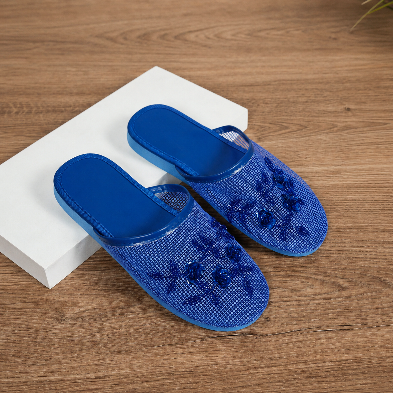Floral Beaded Mesh Mule Sandals With Flat Slip On Design For Women
